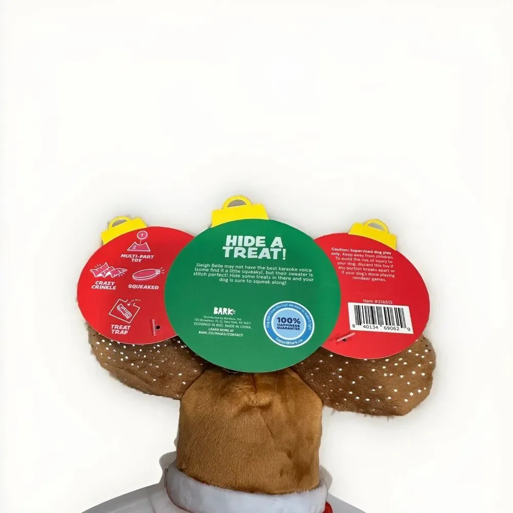 BARKBOX Sleigh Belle Treat Crinkle Squeak Dog Chew Toy Medium‎ Christmas Rudolph